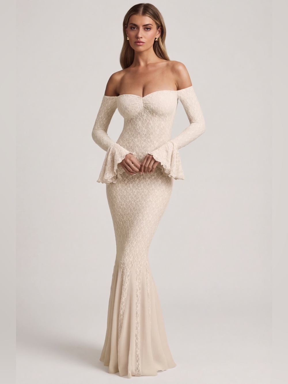 NEW Oh Polly Verena Ivory Off-Shoulder Ruffle Lace Mermaid Bodycon Maxi Dress XS - Picture 1 of 10